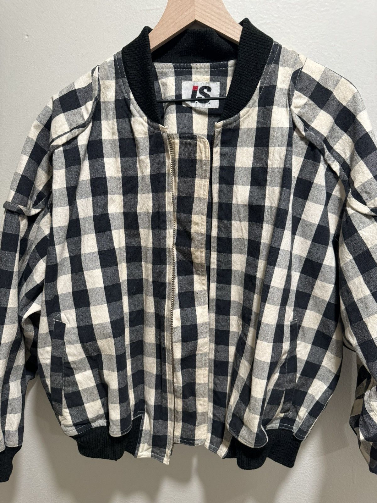Issey Miyake 1980s iS Logo Black Check Gingham Bomber Jacket Size US L / EU 52-54 / 3 - 4 Thumbnail