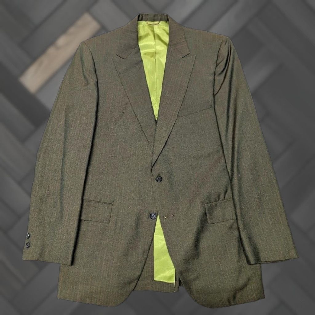 Vintage VINTAGE Hammonton Park 1960s USA SHARKSKIN green 40L blazer Jacket Blazer Men Wool Silk single-breasted peak two-button long Size 40R - 1 Thumbnail