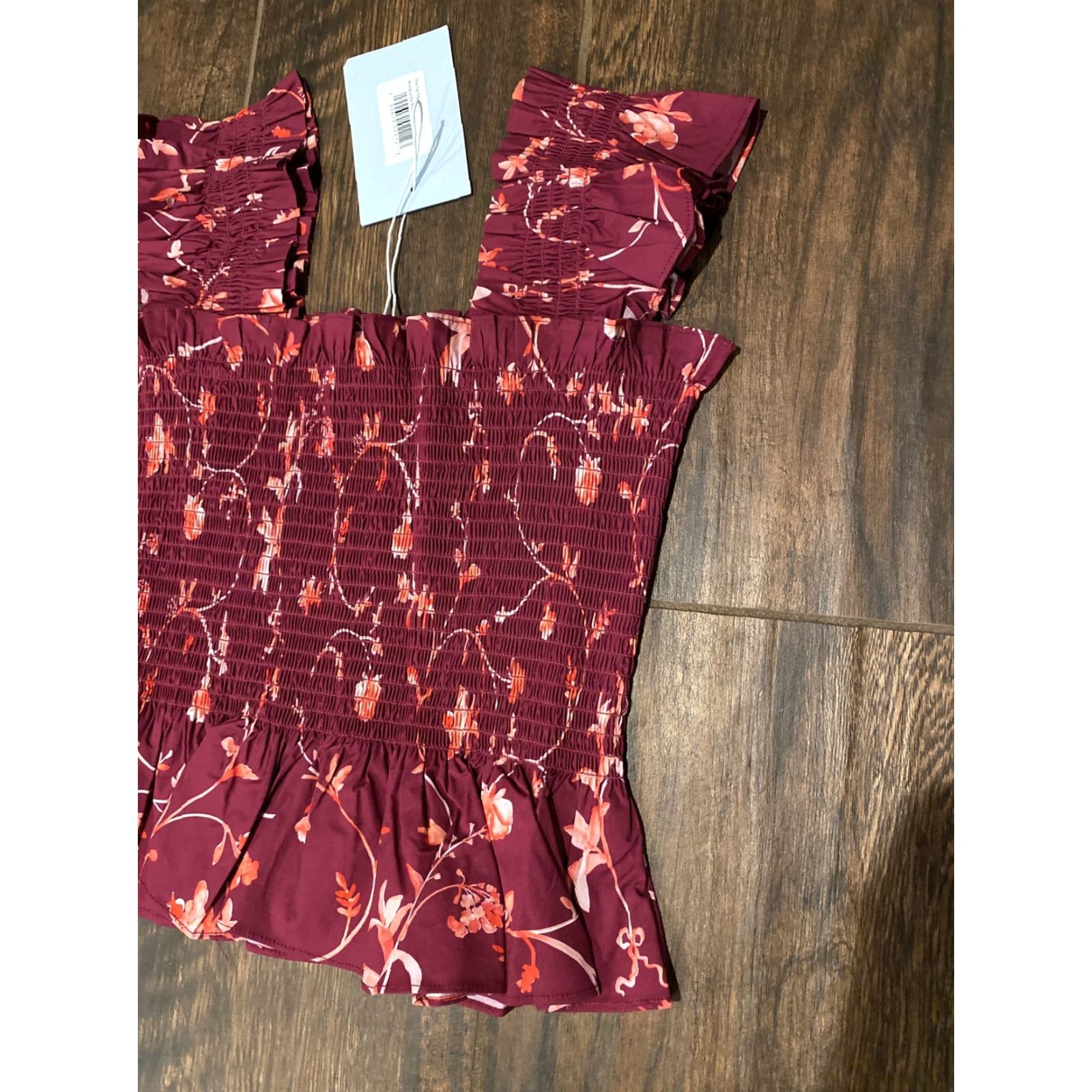 Vintage Hill House Top The Paz Burgundy Botanical Floral Smocked Cap Sleeveless Cotton S Size S / US 4 / IT 40 - 2 Thumbnail
