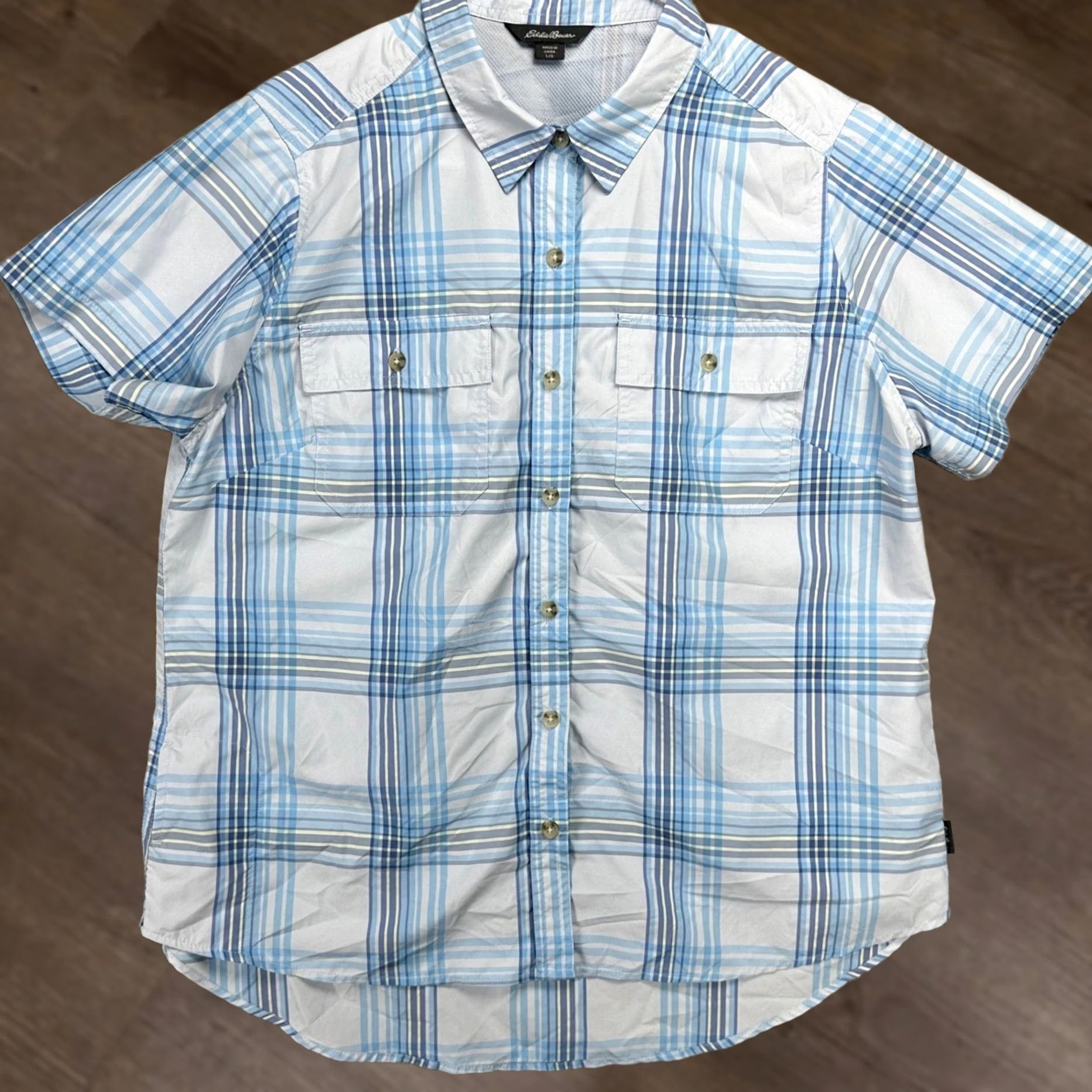 Eddie Bauer VINTAGE? No. Eddie Bauer Womens Hiking Shirt Blue Plaid Nylon Blend Flap Pocket Outdoor Button-Up Short Sleeve Large Size L / US 10 / IT 46 - 1 Thumbnail