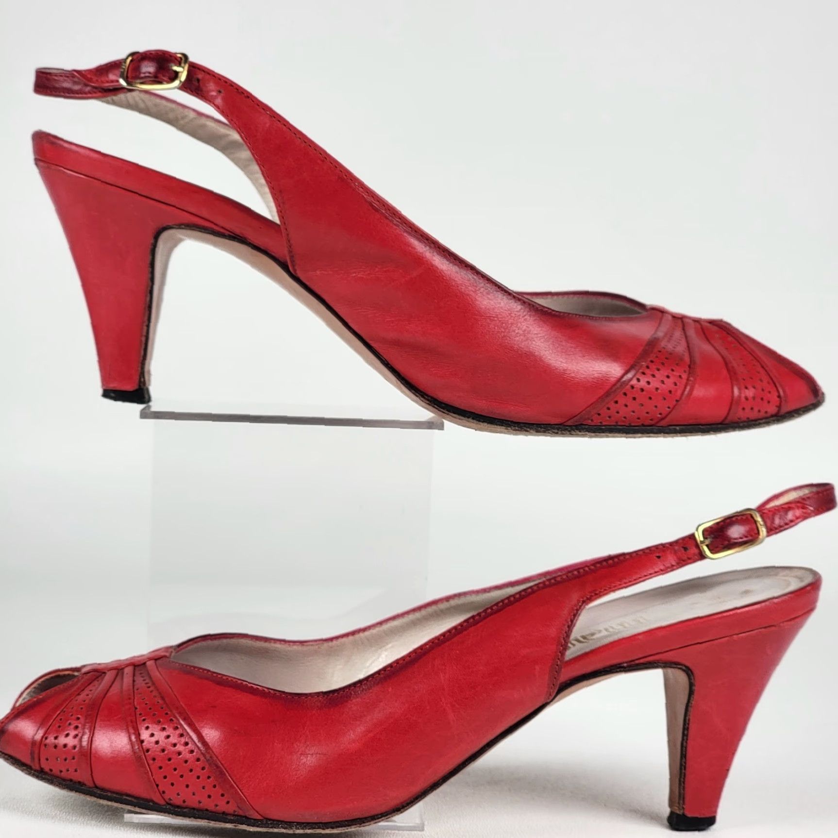 Vintage VINTAGE 80s Italian Leather Slingback 'Fascination' Heels Stacked Heel US 6 B Red Women/Girls Cocktail Size US 6 / IT 36 - 5 Thumbnail