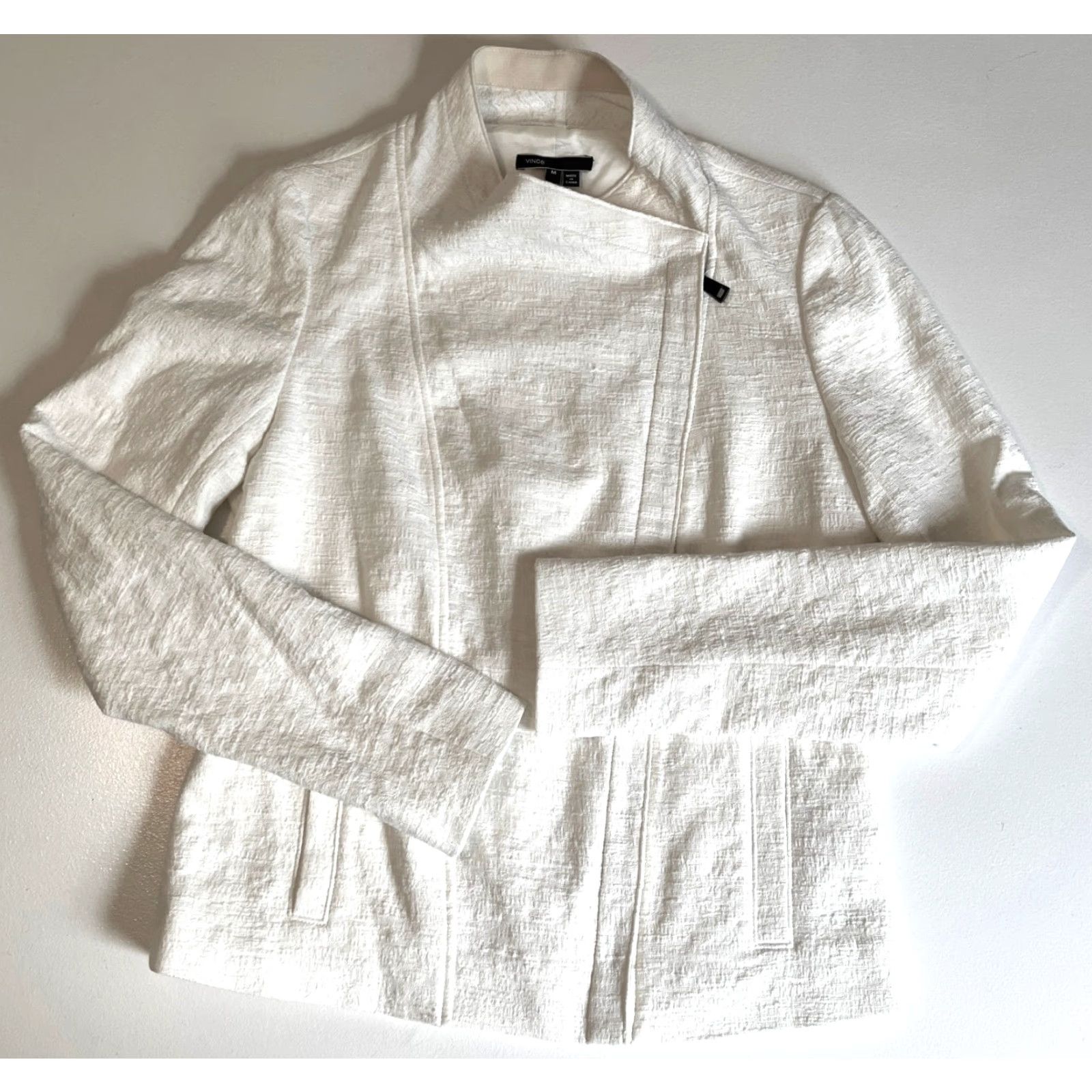 Vince Vince Women's Biker Jacket Sz M Cream NWT Stretch Cotton Frise Asymmetrical Zip Full Zip Pockets Size M / US 6-8 / IT 42-44 - 7 Thumbnail