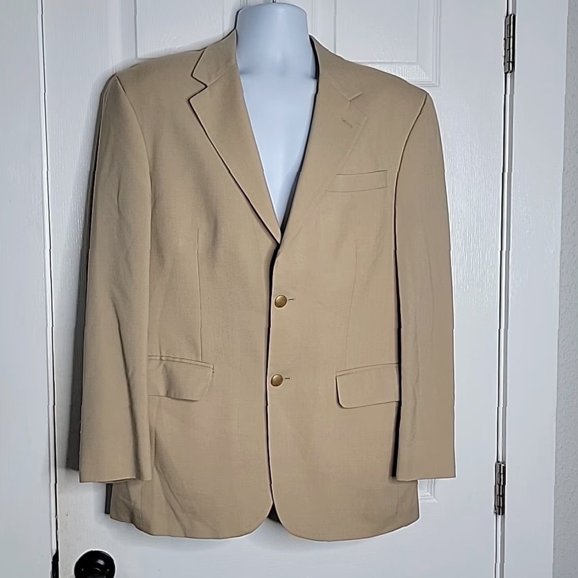 VINTAGE Lands' End Wool 2 Button Blazer Jacket Sz 39R Beige Lined