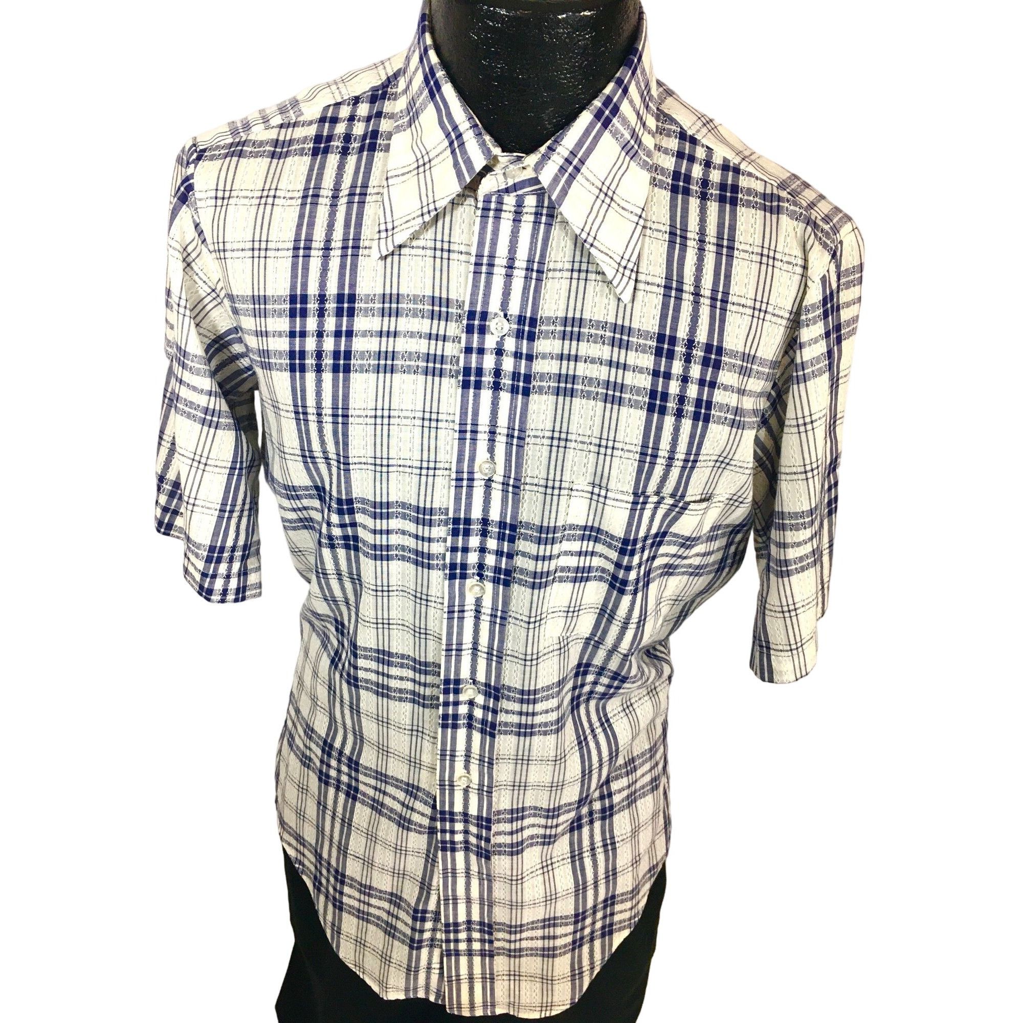 Vtg Arrow Textured SANFORIZED PLUS Blue White Plaid Shirt