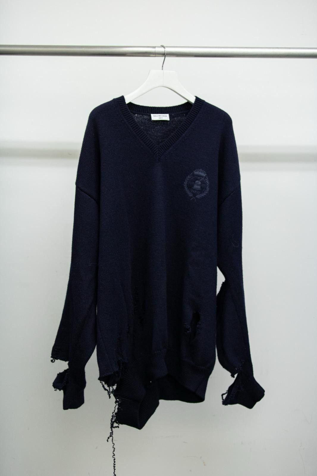 image of Balenciaga Logo-Embroidered Distressed Wool Sweater in Dark Navy, Men's (Size XL)