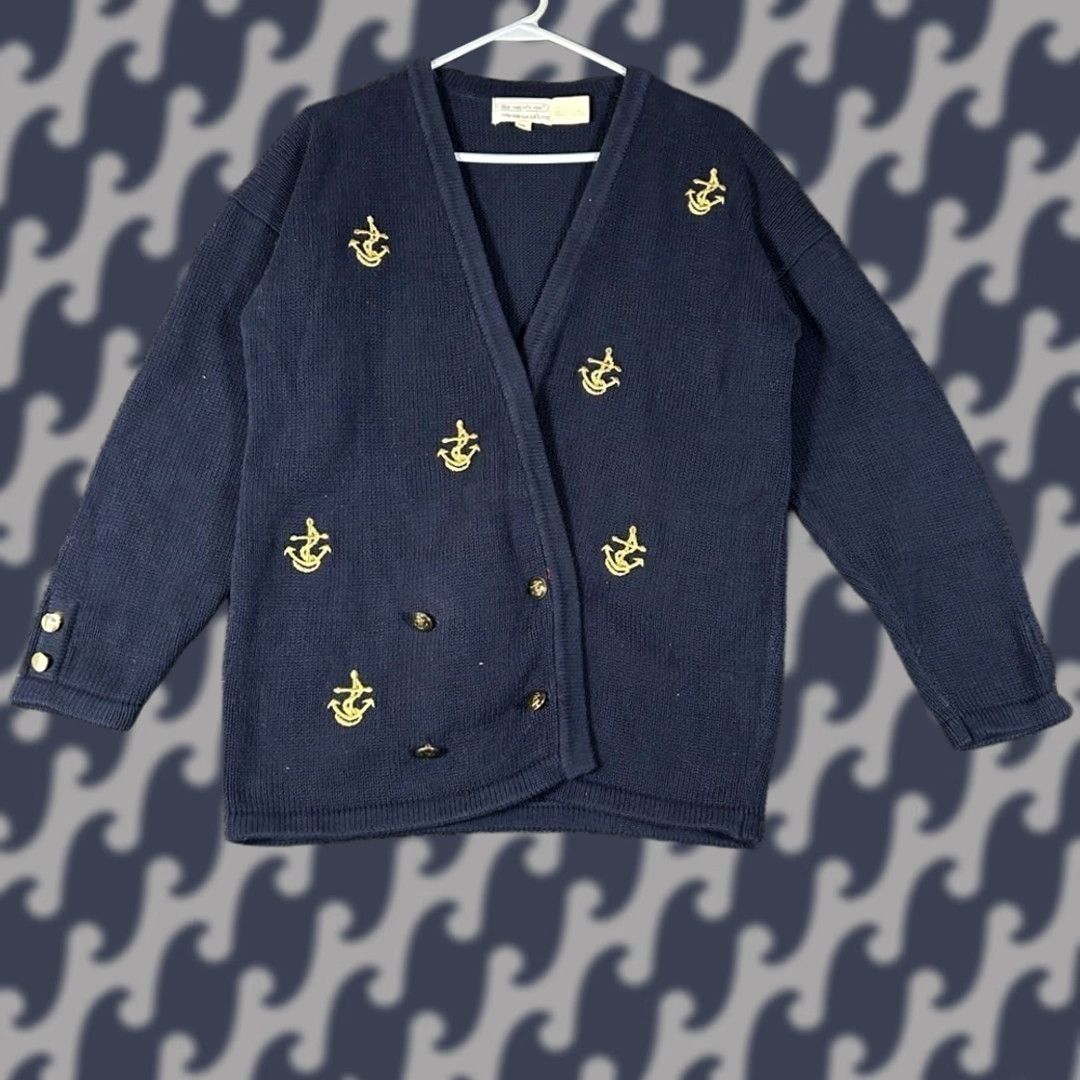 Anchor Blue VINTAGE The Eagle's Eye Navy Blue Anchor Embroidered Cardigan Sweater M 1990s Womens Size M / US 6-8 / IT 42-44 - 1 Thumbnail