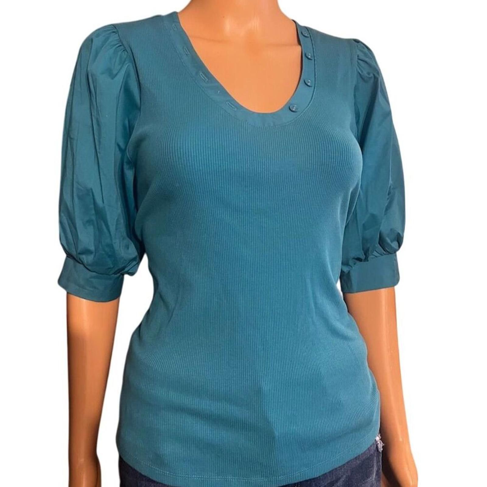 Chicos Chico's Women's Puff-Sleeve Henley Top Blue S Casual NWOT Size S / US 4 / IT 40 - 2 Thumbnail
