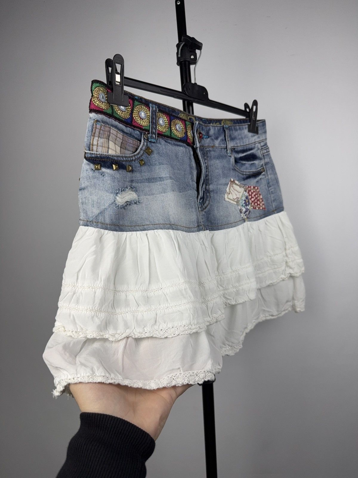 Desigual Desigual Exotic Jeans Layered Denim Y2K Boho Patch Skirt Size 31" - 2 Thumbnail