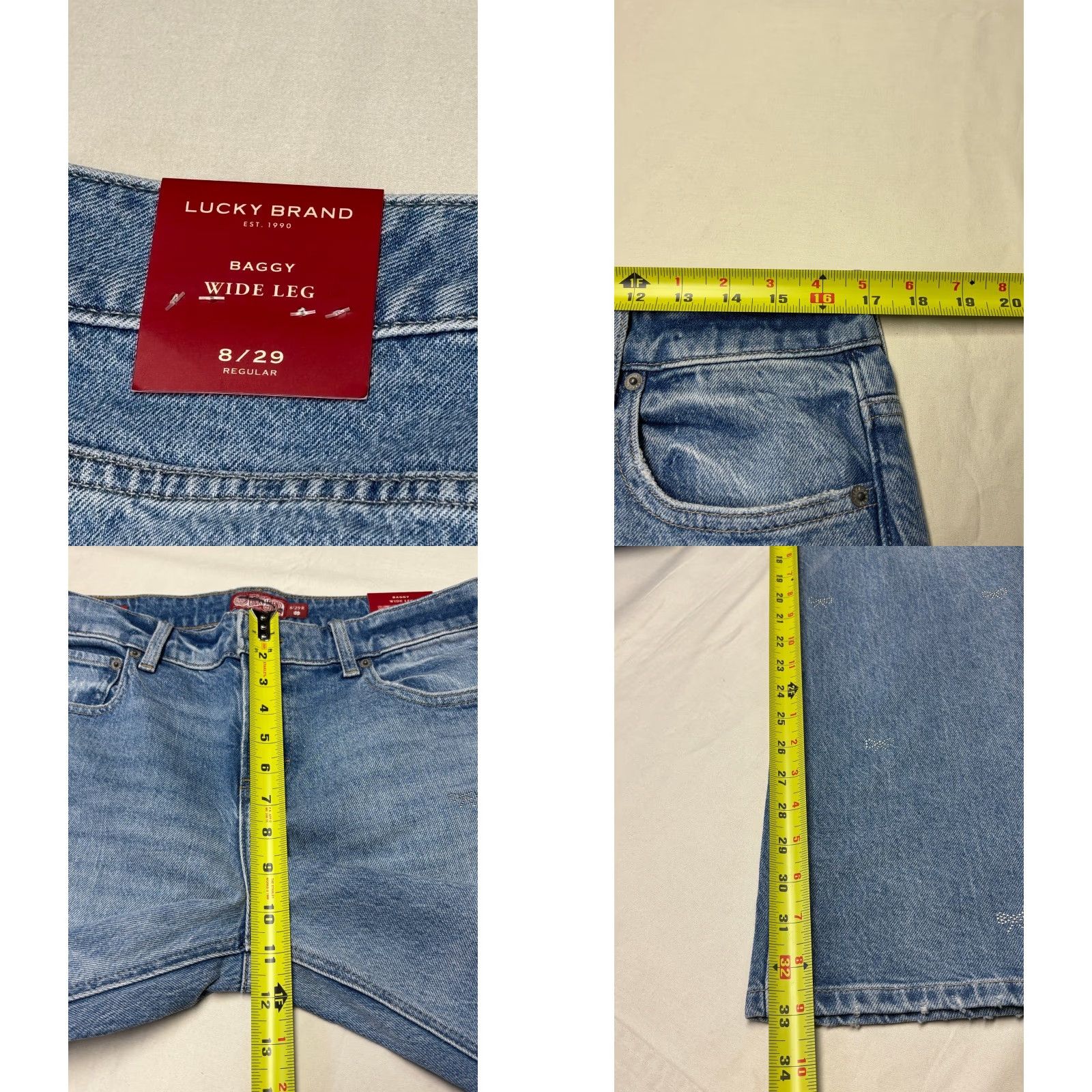Lucky Brand NWT Lucky Brand Lucky Legend Baggy Wide-Leg Jeans Blue 29 32W 31Inseam Embroidered Bow 5-Pocket Denim Jeans Womens behouden Size 29" - 9 Thumbnail