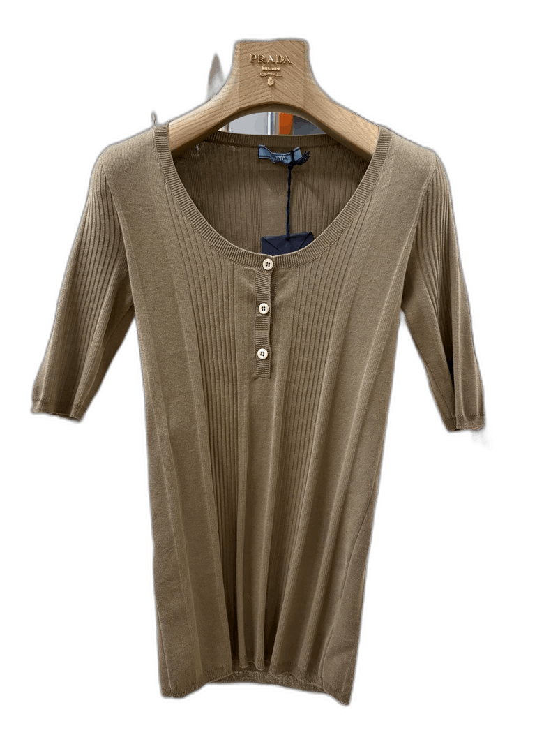Prada Prada Beige Ribbed Cotton Knit Top-2506 Size S / US 4 / IT 40 - 1 Thumbnail