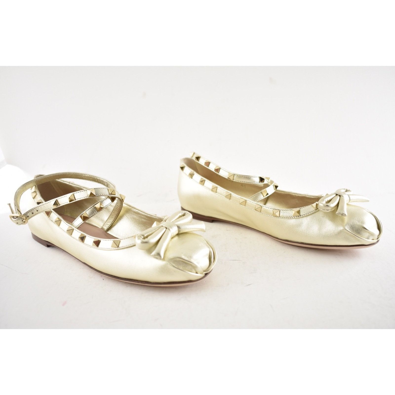Valentino Valentino Rockstud Platino Gold Stud Ankle Strap Bow Ballet Size US 11 / IT 41 - 4 Thumbnail