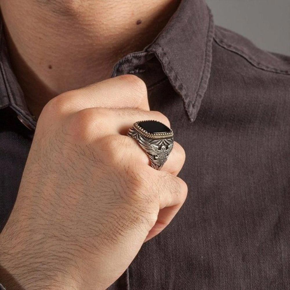 Designer Men's Golden Black Eagle Big Retro Silver Ring - Size 6 Size ONE SIZE - 10 Thumbnail
