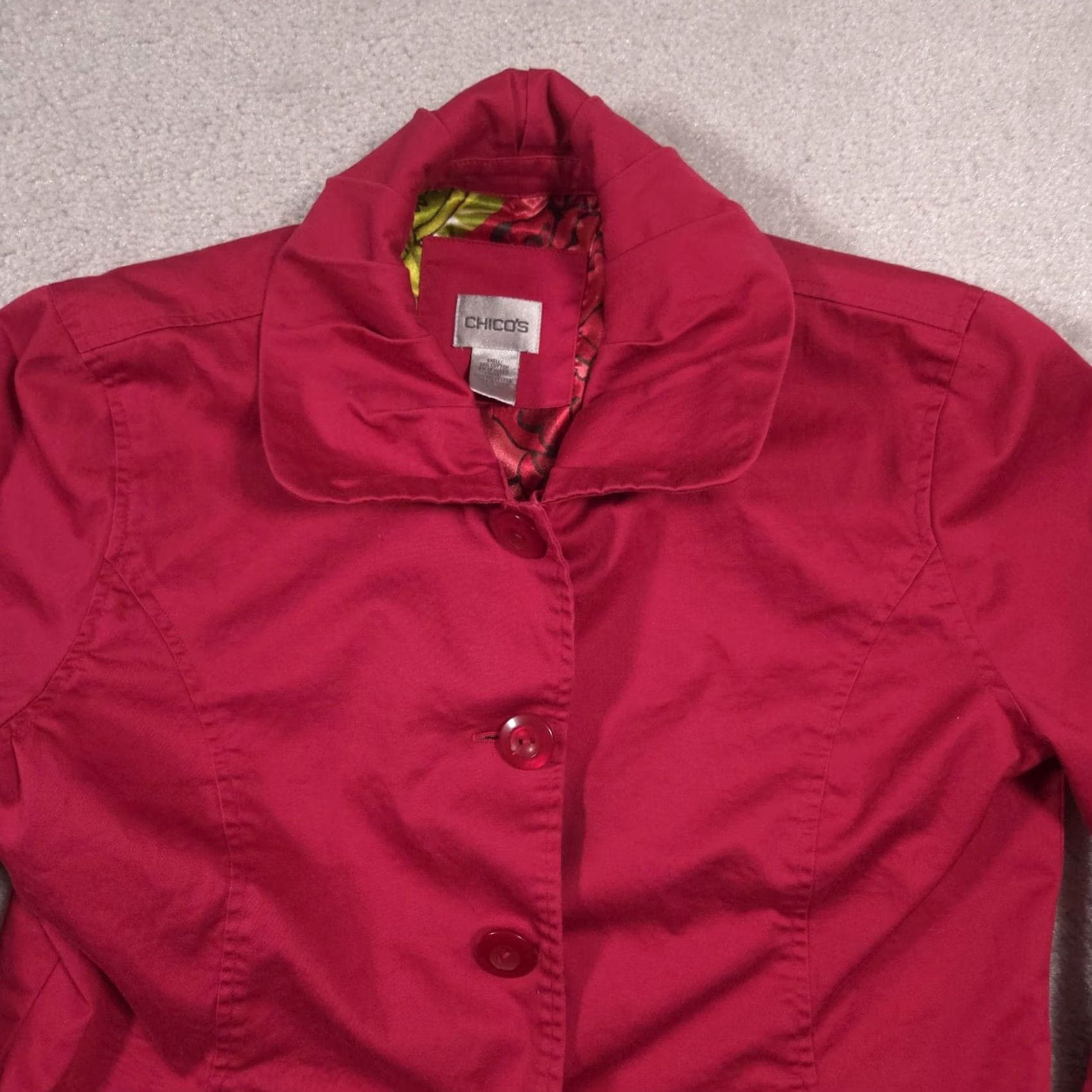 Vintage Chico's Jacket Womens 1 Red Twill 3/4 Sleeve Button Front Lined Collar Pockets Size XS / US 0-2 / IT 36-38 - 3 Thumbnail