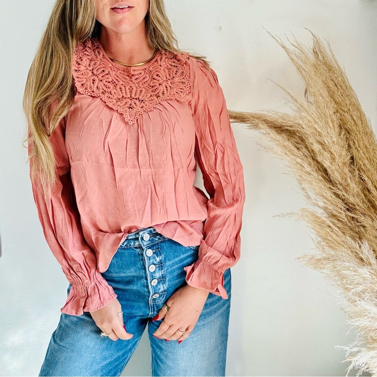 Nordstrom NEW PEPPER Dusty Rose Pink Crochet Lace $88 Blouse Shirt Top Size S / US 4 / IT 40 - 15 Thumbnail