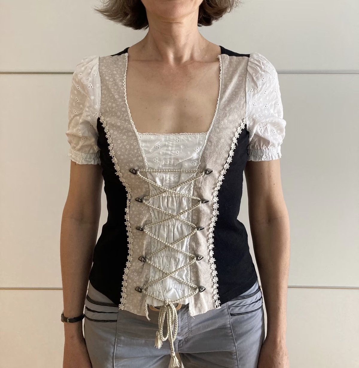 Designer MarJo Womens Black White Dirndl Trachten Folk Corset Blouse Size S / US 4 / IT 40 - 6 Thumbnail