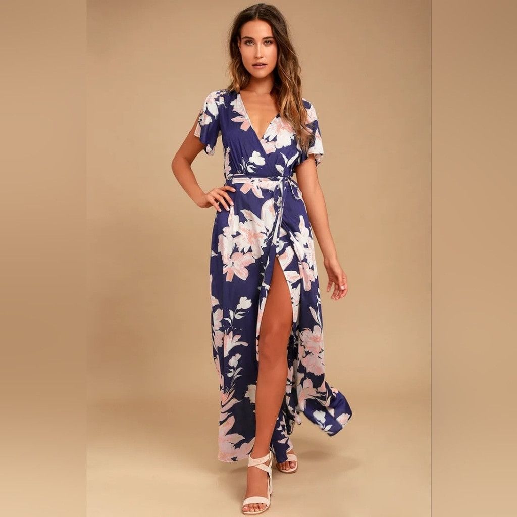 NWT Lulu's Azalea Regalia Navy Blue Floral Wrap Maxi Dress