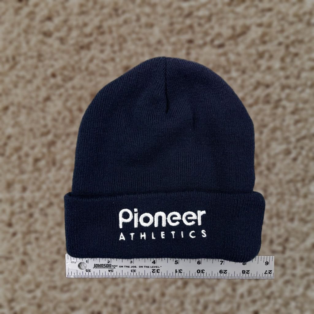 Vintage Pioneer Athletics Beanie Toque Adults One Size Blue Knit Embroidered 100% Acrylic Hat Mens Winter Fall Spring Summer Knit Beanie Logo Size ONE SIZE - 1 Thumbnail