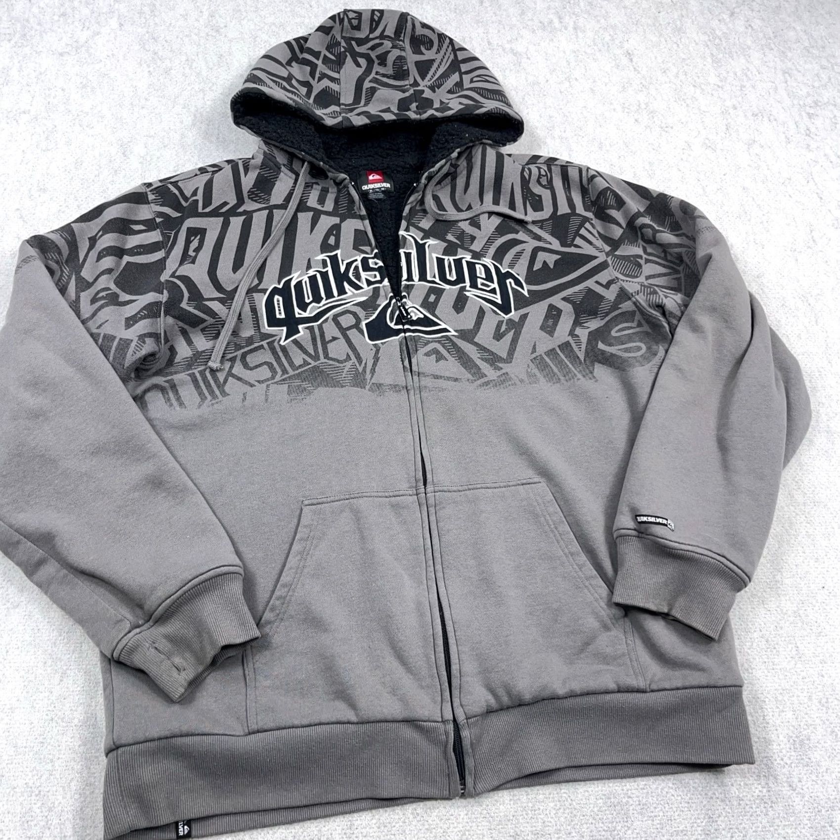 Quiksilver VINTAGE Quiksilver Hoodie Men XL Gray Sherpa Lined Full Zip Skate Surft AOP Y2K Size US XL / EU 56 / 4 - 4 Thumbnail