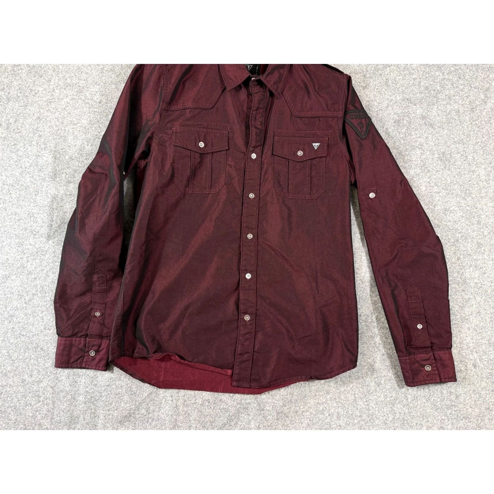 Guess VINTAGE Guess Iridescent Shirt Mens S Maroon Red Long Sleeve Shoulder Epaulets Button Up Pockets 90s Mens Size US S / EU 44-46 / 1 - 4 Thumbnail