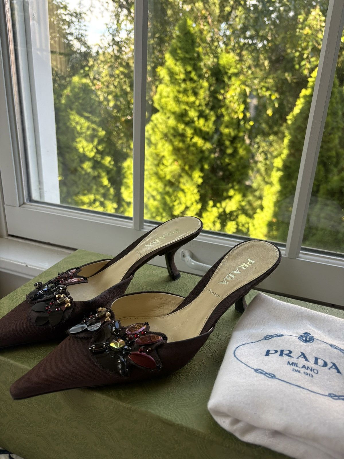 Prada Prada heels jewel sequin pointed toe mule kitten Size US 7 / IT 37 - 1 Thumbnail