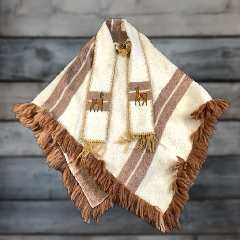 Vintage VINTAGE Alpaca Wool Fringe Poncho Cape Women's One Size Ivory Brown Bohemian Style Poncho Size ONE SIZE - 1 Thumbnail