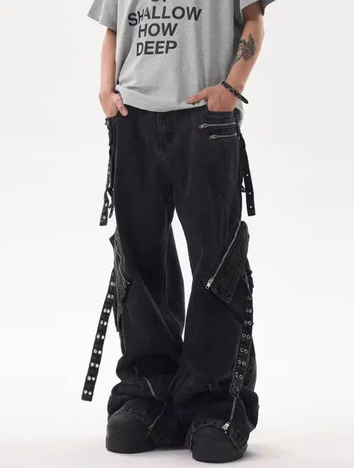 Japanese Brand × Jean High Street Black Heavyweight Strappy Design Baggy Jeans Size US 30 / EU 46 - 1 Thumbnail