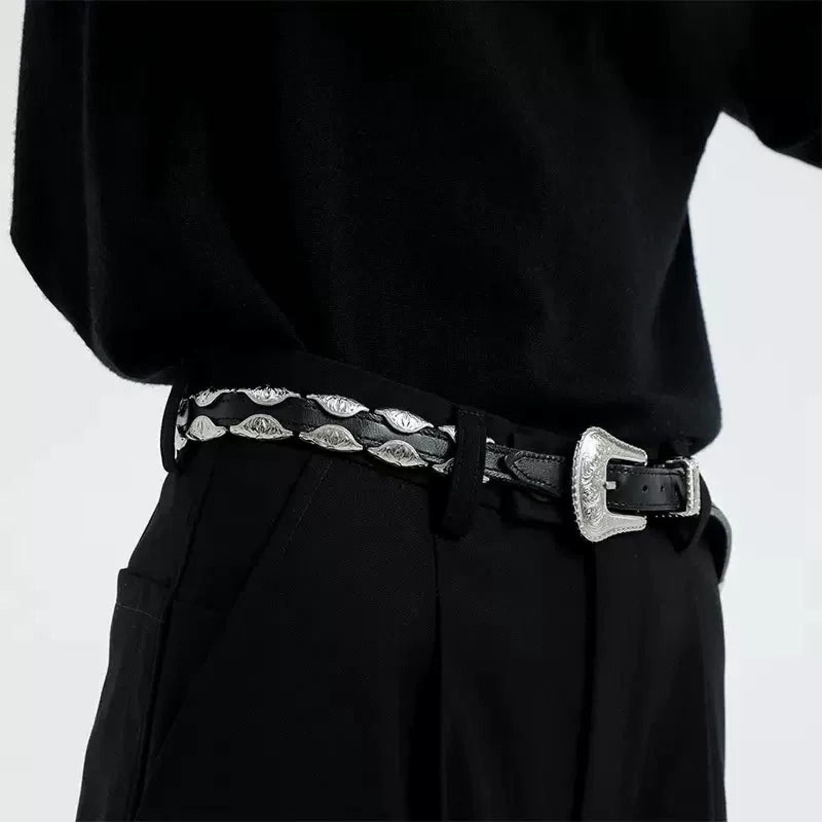 Leather Carved-Buckle Embossed Metal-Inlay Belt | Vintage Hardware Size ONE SIZE - 3 Thumbnail