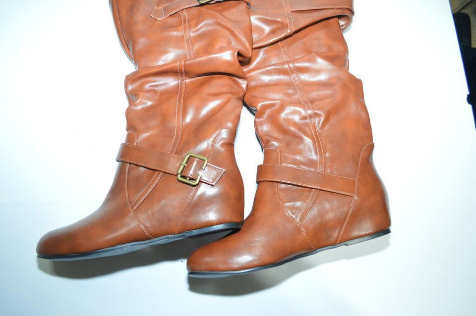 Designer Brown Faux Leather Mid-Calf Boots with Buckle Accents, 8 Size US 8 / IT 38 - 2 Thumbnail