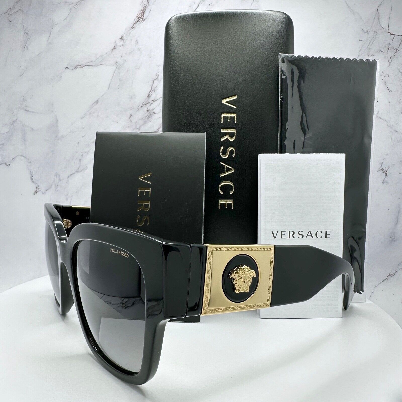 New VERSACE Sunglasses Polarized Black Gold Medusa Square