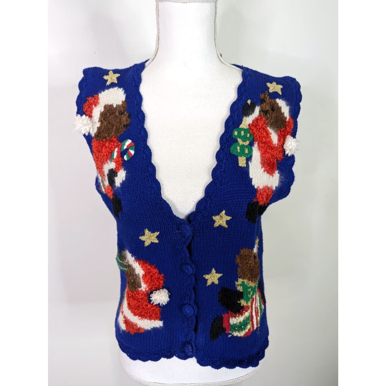 Vintage VINTAGE Women's 90s Hand Knit Sweater Vest Ugle Christmas Teddy Bear Cardigan V2J M Sweater Vest Women M Blue 38 Bust 38 Waist 20 Length Mens? Size M / US 6-8 / IT 42-44 - 2 Thumbnail