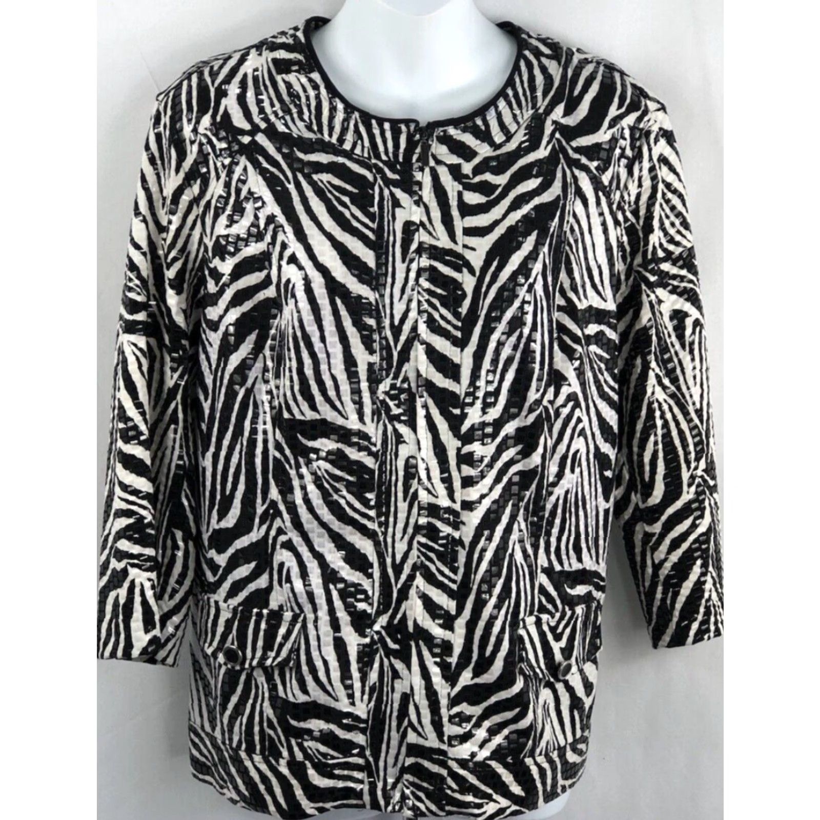 Element Elementz Jacket XL Black Zebra Sparkle 3/4 Sleeve Zip Up Pockets Button Mock White/Blk Zebra Pattern Womens XL Powder Sleek Knit Jacket Size XL / US 12-14 / IT 48-50 - 5 Thumbnail