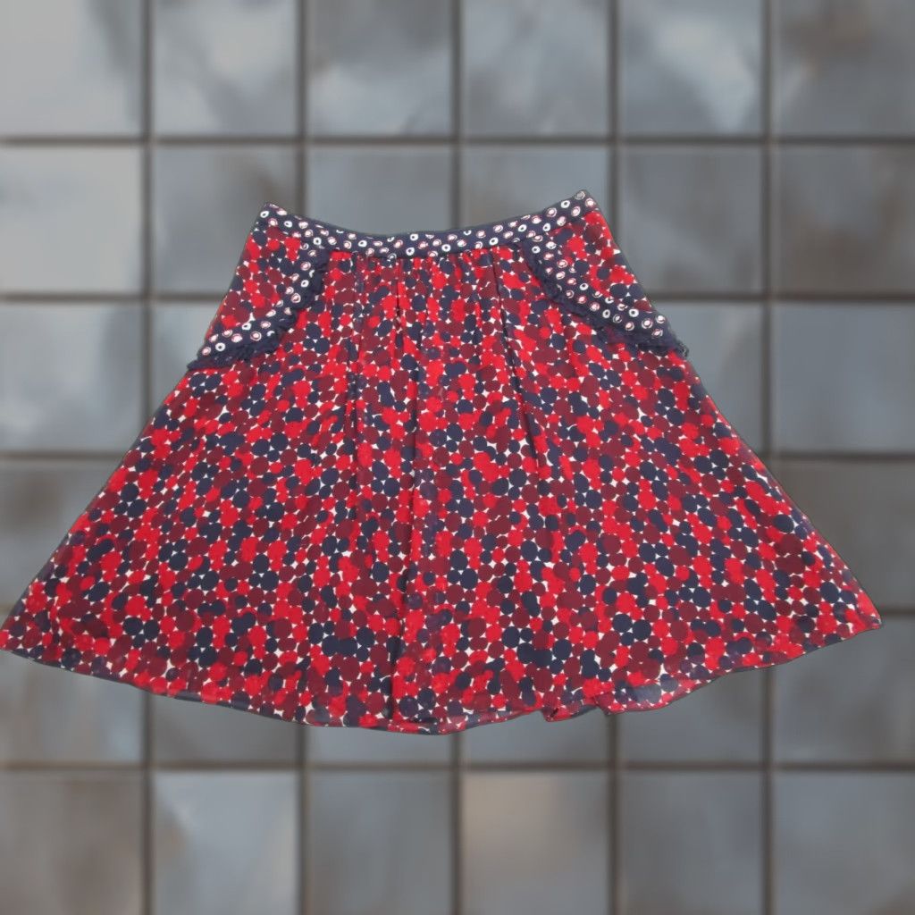 Diane von Furstenberg Skirt Womens 8 Red Silk A-Line Polka Dot Lace Trim Chiffon
