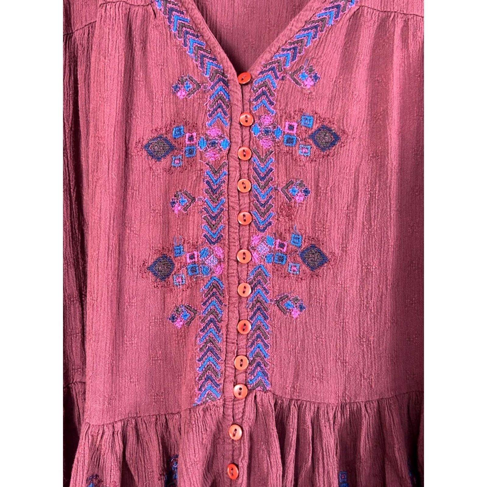 Free People FREE PEOPLE Womens Arianna Embroidered Tunic Dress L Red Long Sleeve Boho Shirt Dress Womens Size L / US 10 / IT 46 - 2 Thumbnail