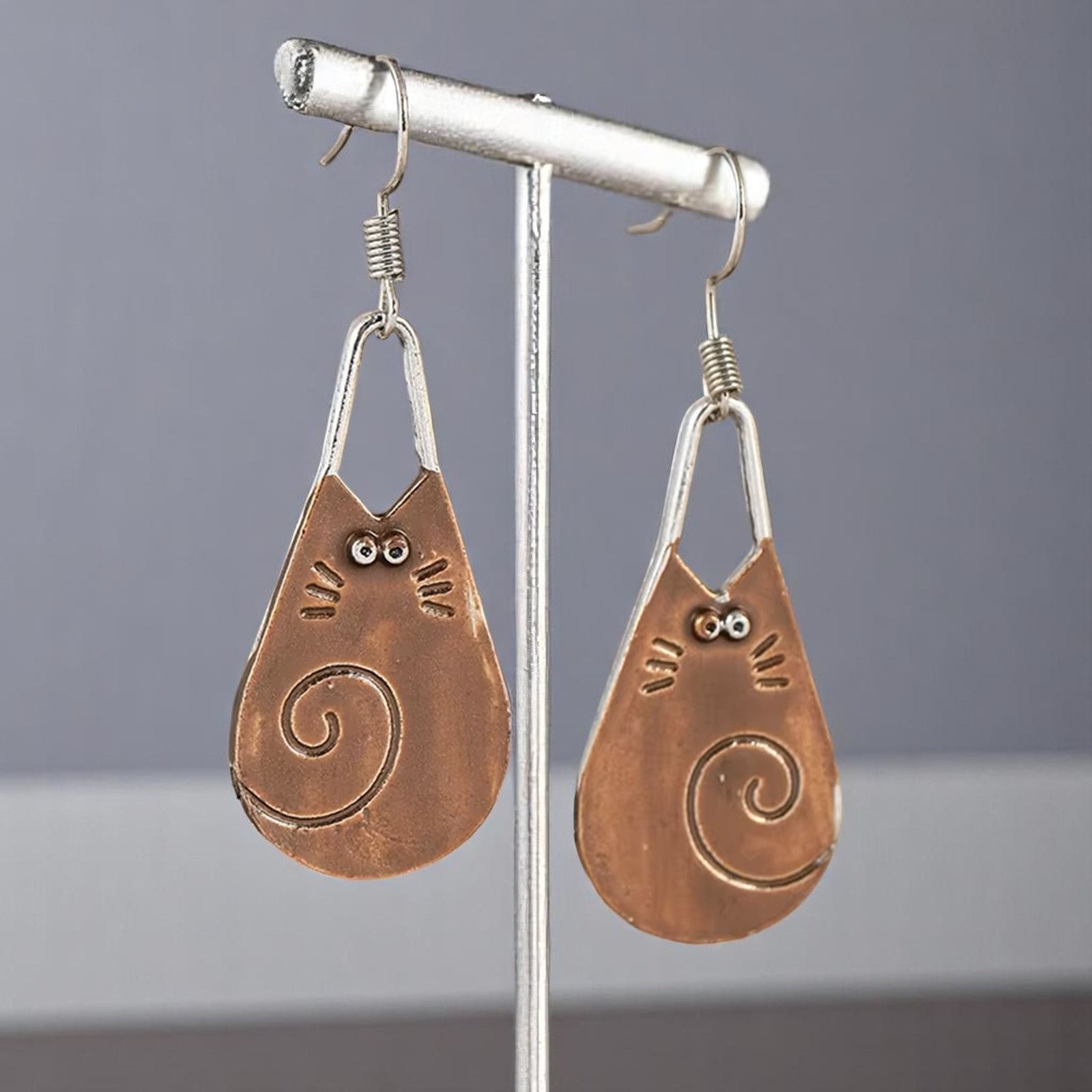 Designer Copper Cat Dangle Earrings Hooks Minimalist Design Size ONE SIZE - 3 Thumbnail