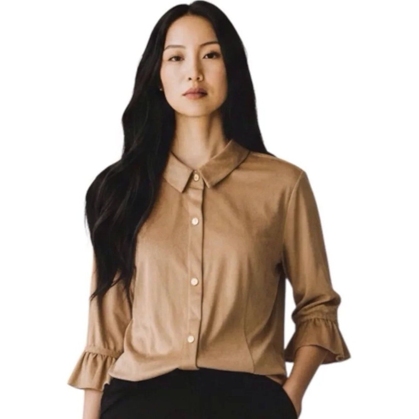 Gretchen Scott Gretchen Scott Faux Suede Button Down Shirt With Ruffle Cuf Size S / US 4 / IT 40 - 1 Thumbnail