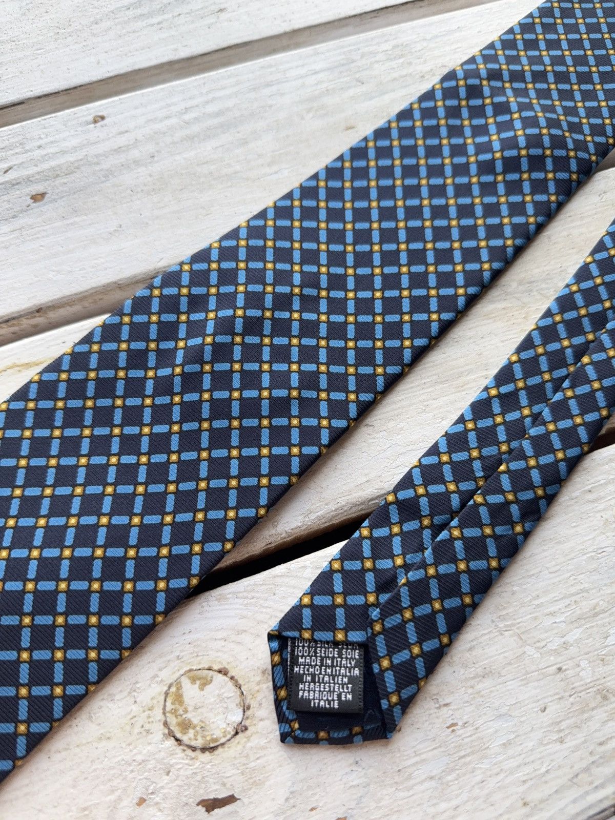 Designer × Vintage Angelo Bosani Italy Silk Tie Blue Yellow Geometric Tie Rack Size ONE SIZE - 2 Thumbnail