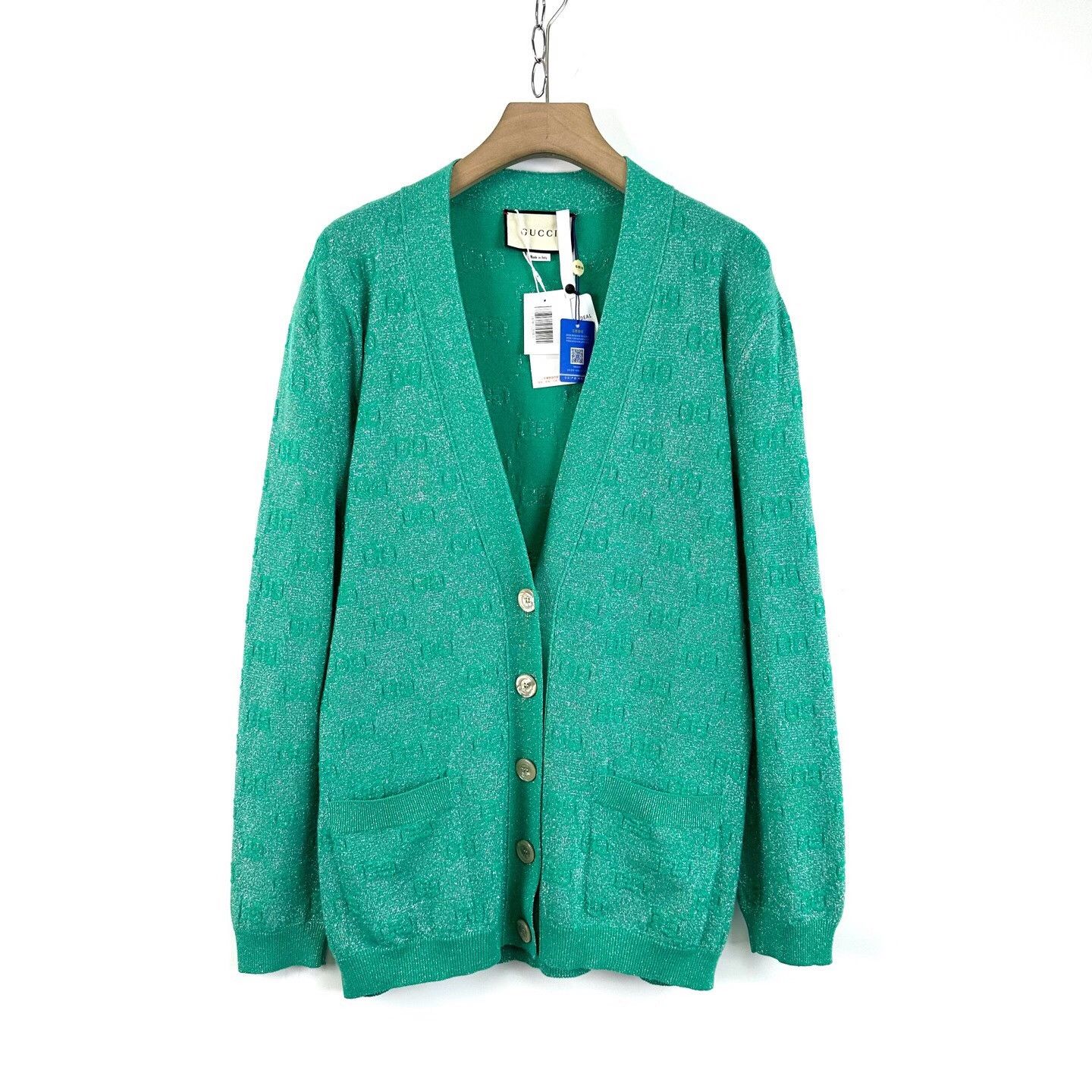 Gucci Gucci Green Gold Shimmer Knit GG Cardigan Size M / US 6-8 / IT 42-44 - 1 Thumbnail
