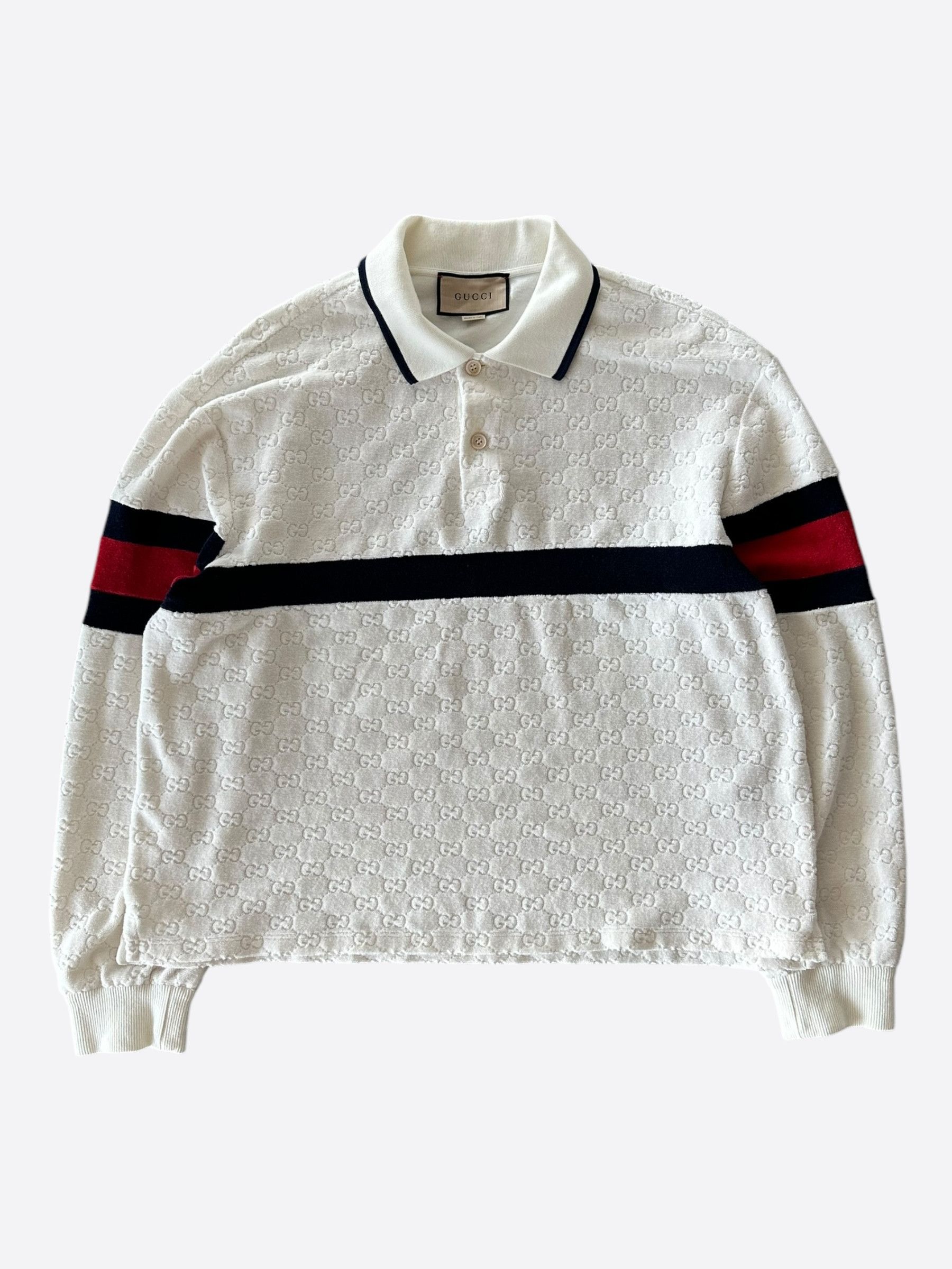 White GG Monogram Striped Terry Cloth Longsleeve Polo Shirt