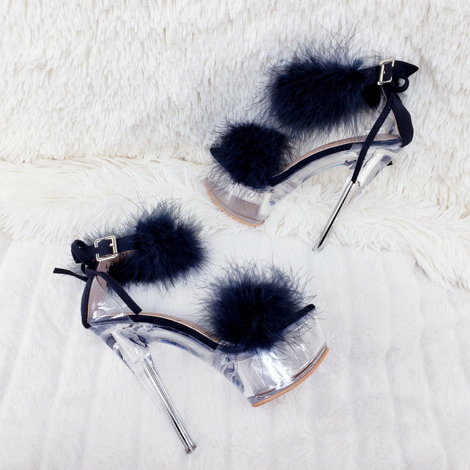 Other Black Marabou Feather Platform Shoes Sandals 6" High Heel Sa Size US 9 / IT 39 - 1 Thumbnail