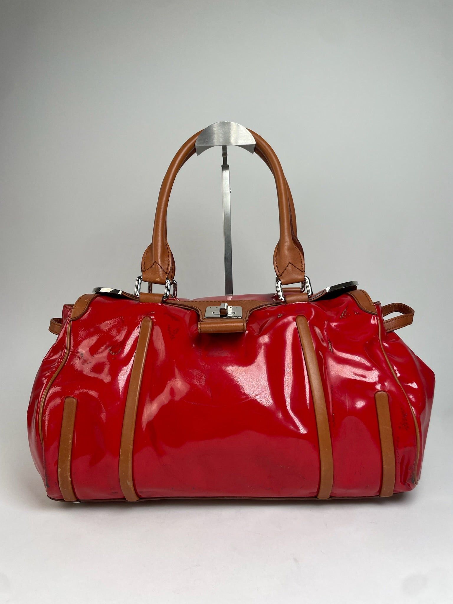 Celine Vintage Paris Patent Leather / Leather Handbag Red Brown Size ONE SIZE - 1 Thumbnail