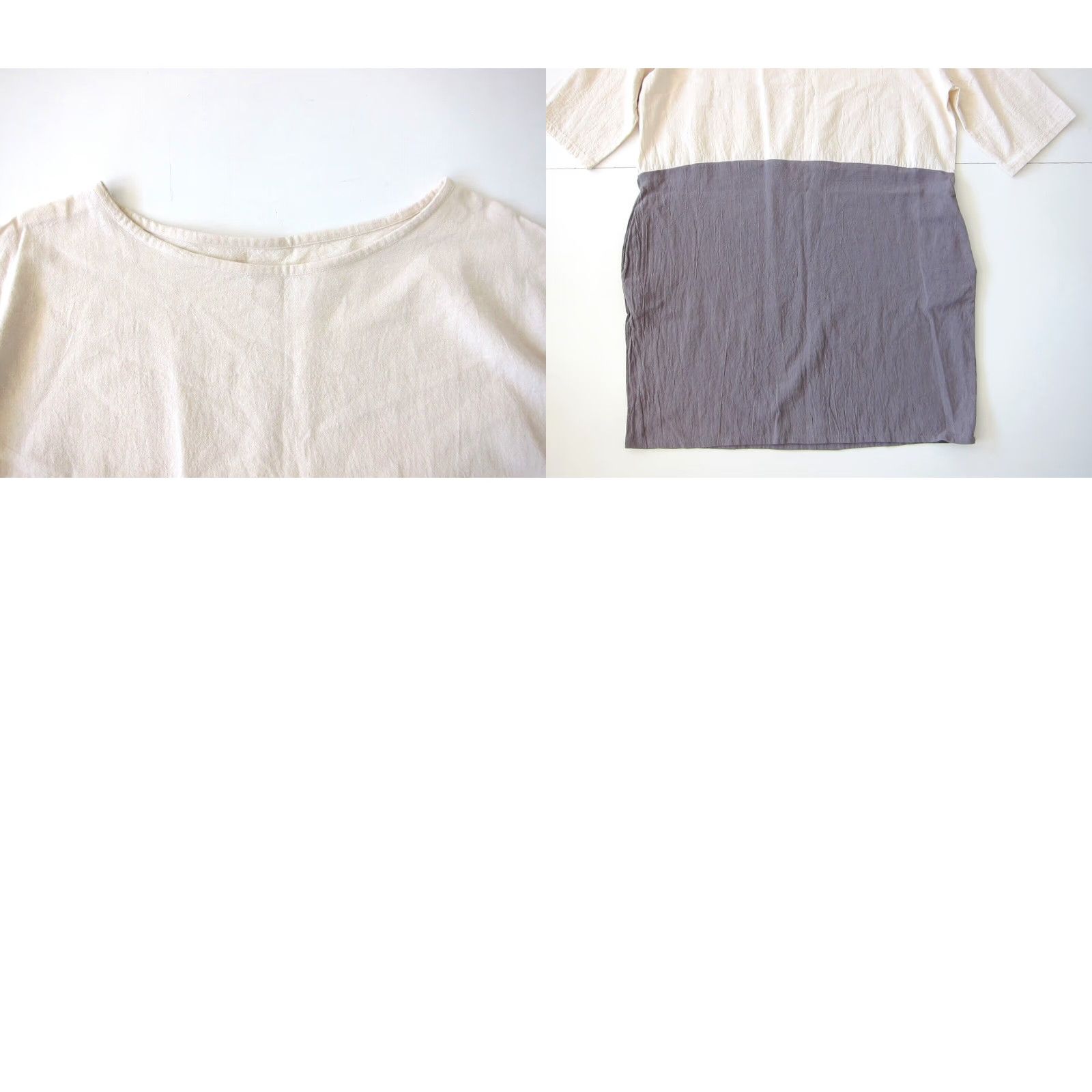 Vintage 100% Cotton Ivory Grey Lagenlook Short Sleeve Pocket Tunic Sheath Dress Large Size 36" / US 14 / IT 50 - 8 Thumbnail