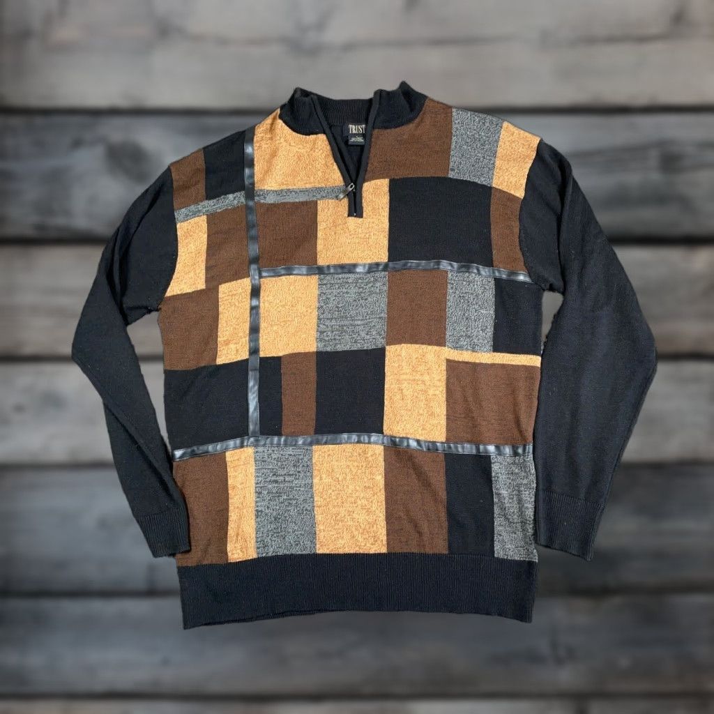 Vintage VINTAGE Trust Sweater Adult Large Brown Black Geometric Pattern Knit 1/4 Zip Faux Leather Trim Pullover 90s Mens Size US L / EU 52-54 / 3 - 1 Thumbnail