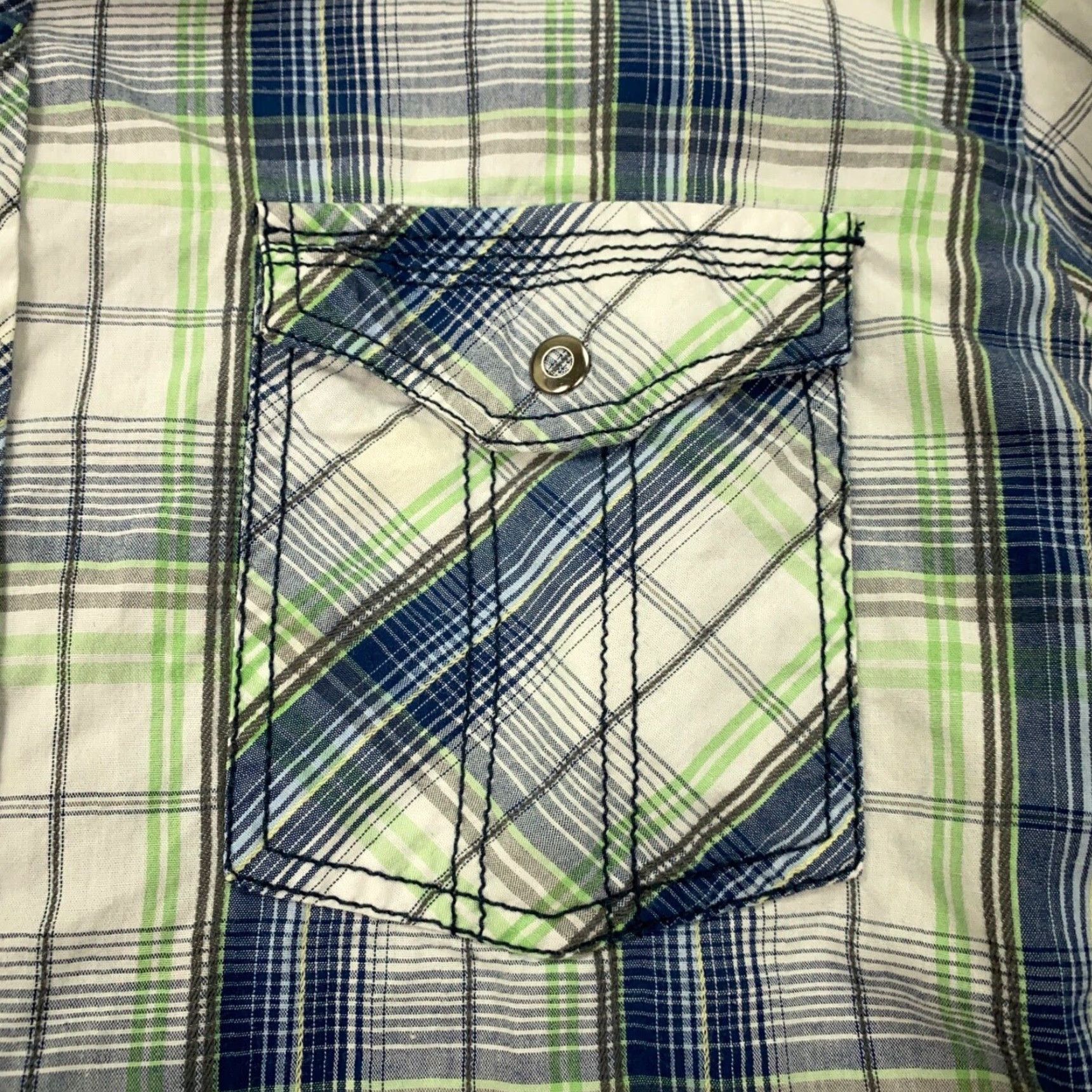 Vintage Skully Mens Shirt Large Blue Green Plaid Snap Pockets Western Roll-Tab Sleeves Size US L / EU 52-54 / 3 - 4 Thumbnail