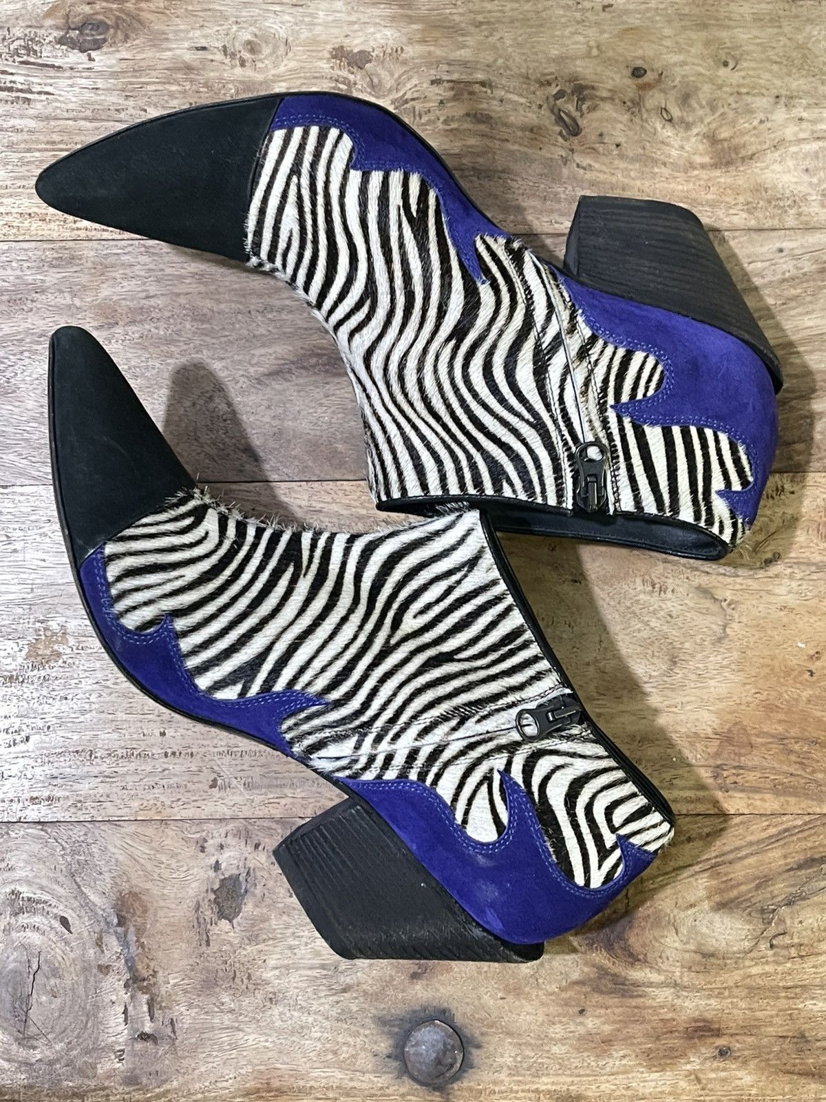Haider Ackermann SS16 Zebra Ponyhair and Blue Suede Flame Booties Size US 11 / IT 41 - 14 Thumbnail