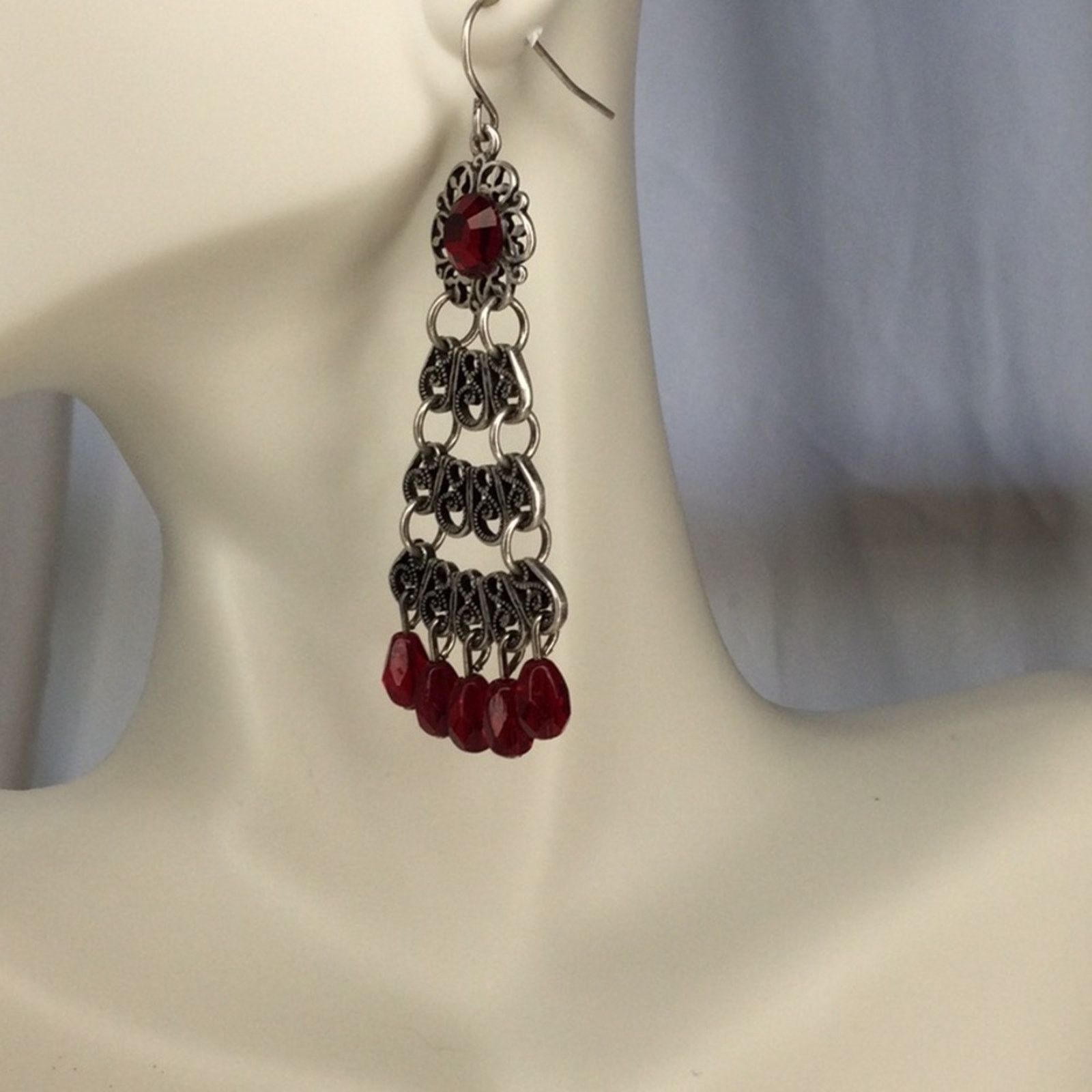 Other Retro 1990's Silver Tone Garnet Bead Chandelier Earrings Size ONE SIZE - 5 Thumbnail