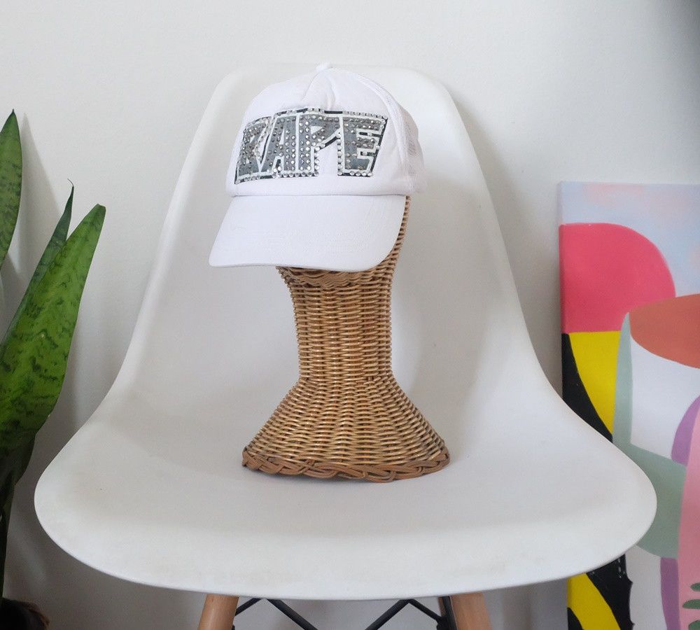 image of Bape Kiss Logo Swarovski 2006S Trucker Cap in White, Men's