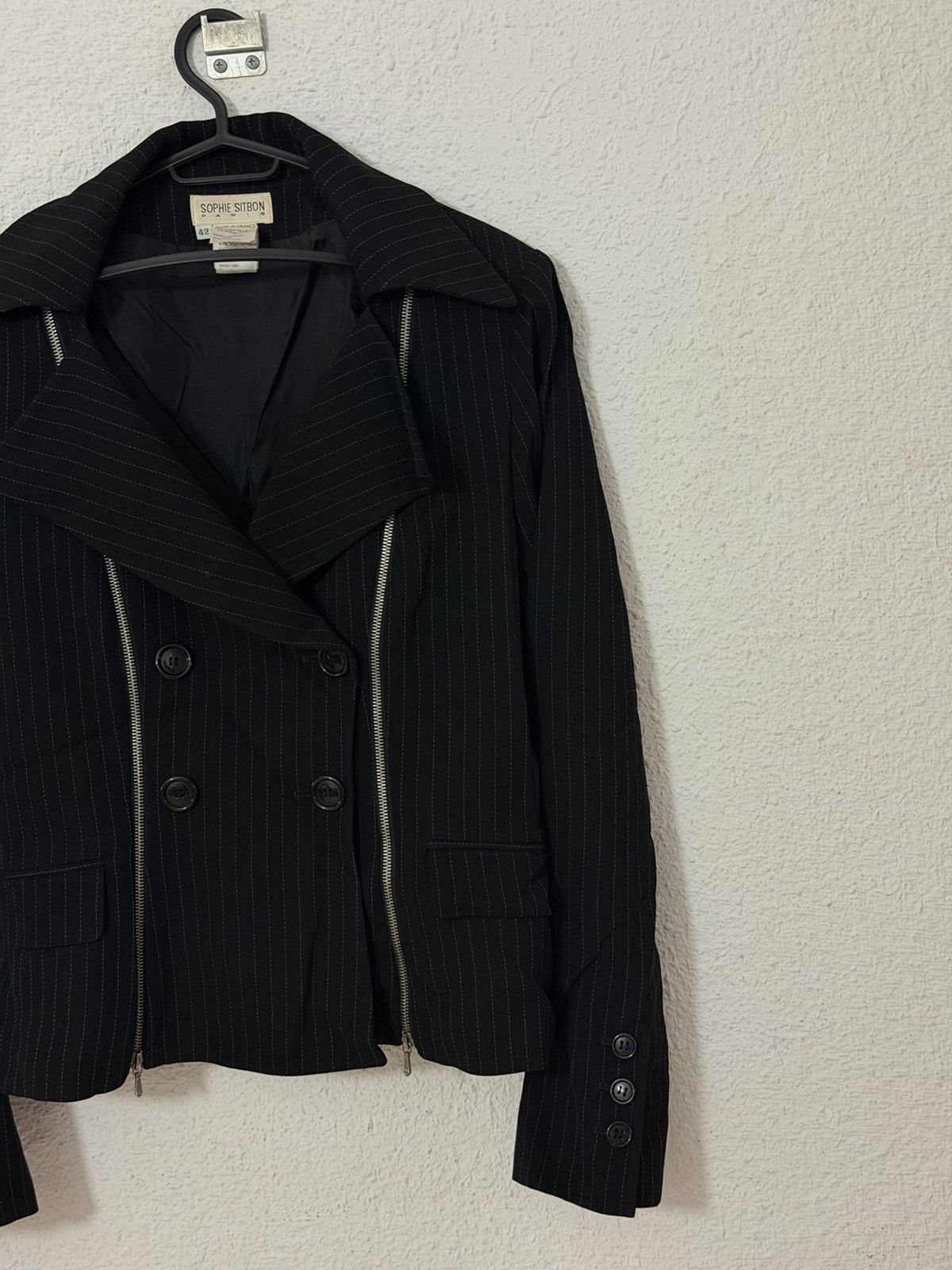 Other Vintage 90s Sophie Sitbon Paris Wool Pinstripe Zip Blazer Size M / US 6-8 / IT 42-44 - 3 Thumbnail