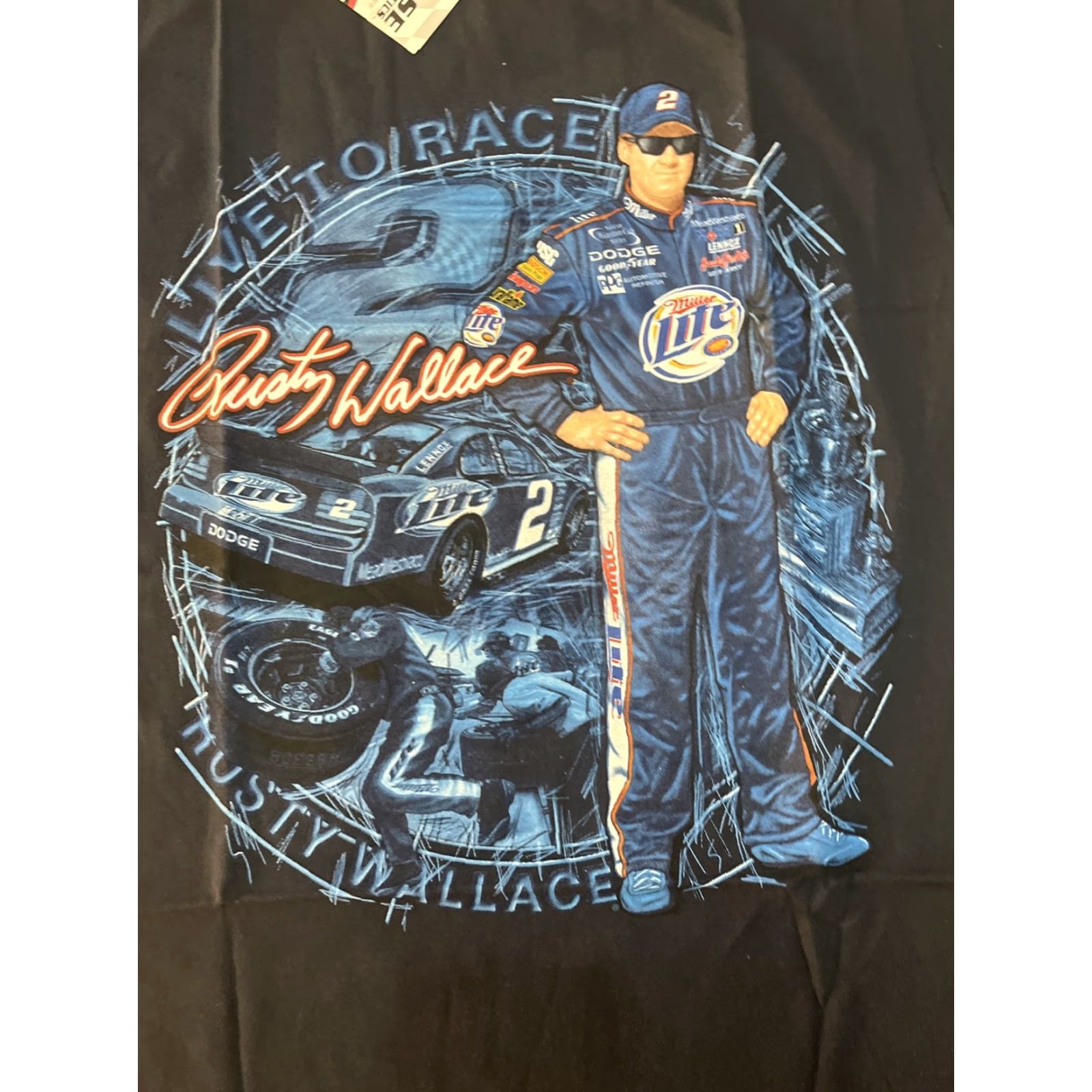 Chase Authentics VTG 1990s Nascar Rusty Wallace T Shirt Size M Blue Cotton Solid Short Sleeve Crew Neck Miller Lite #2 Double-Sided Racing Live to Race Mens Size US M / EU 48-50 / 2 - 2 Thumbnail