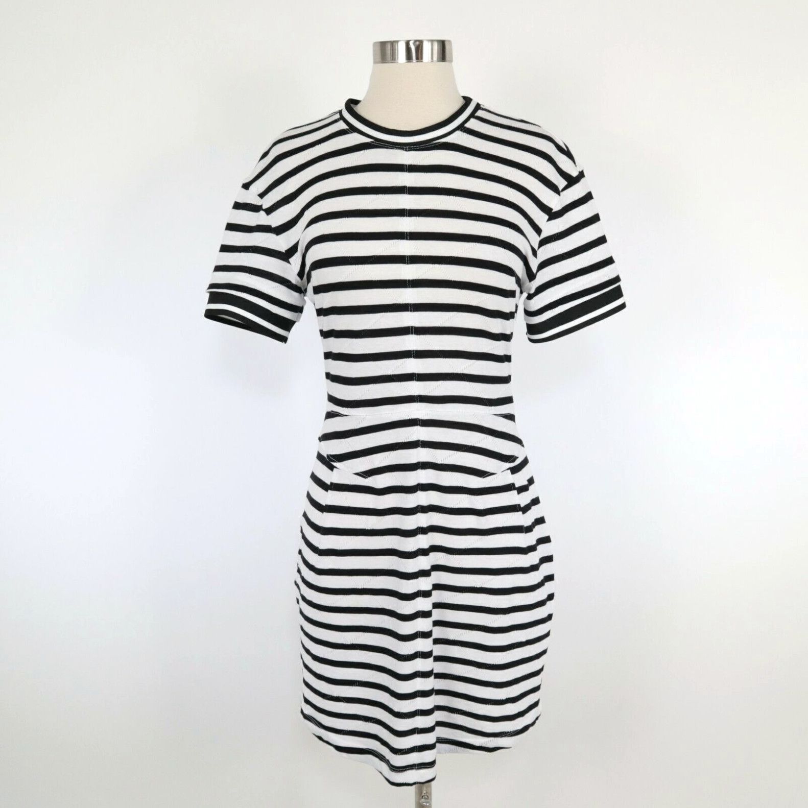 image of Derek Lam 10 Crosby Tee T-Shirt Dress Womens S Small Striped Black White Crew