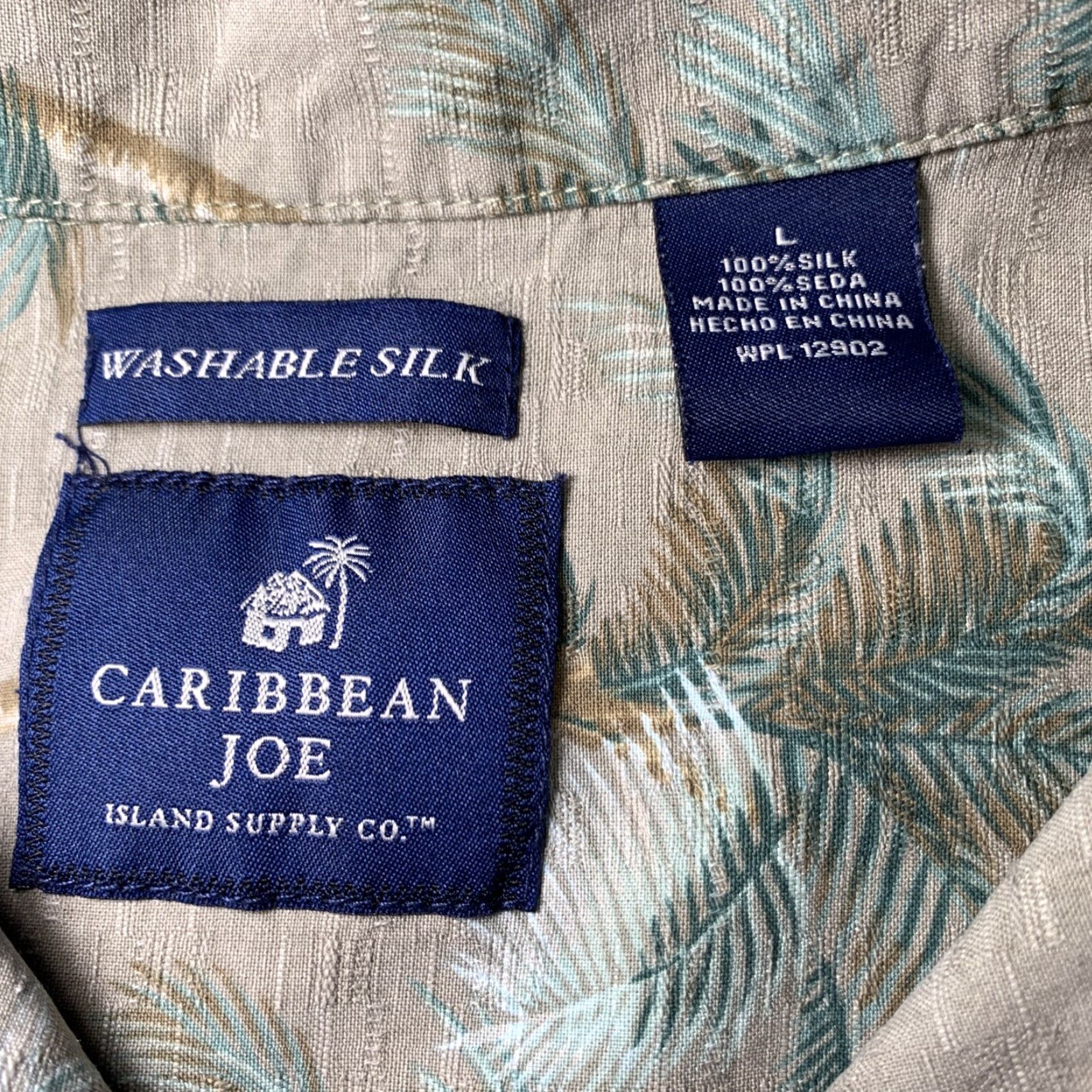 Vintage Caribbean Joe Silk Hawaiian Shirt Large Palm Trees Pineapple Tan Green Brown Men Size US L / EU 52-54 / 3 - 5 Thumbnail